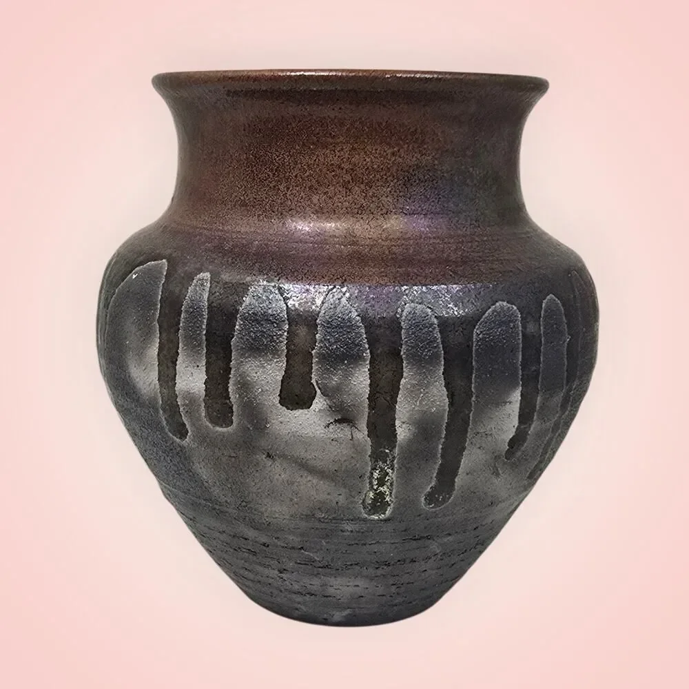 Vintage Raku Style Handmade Ceramic Brown Vase 5” Signed 